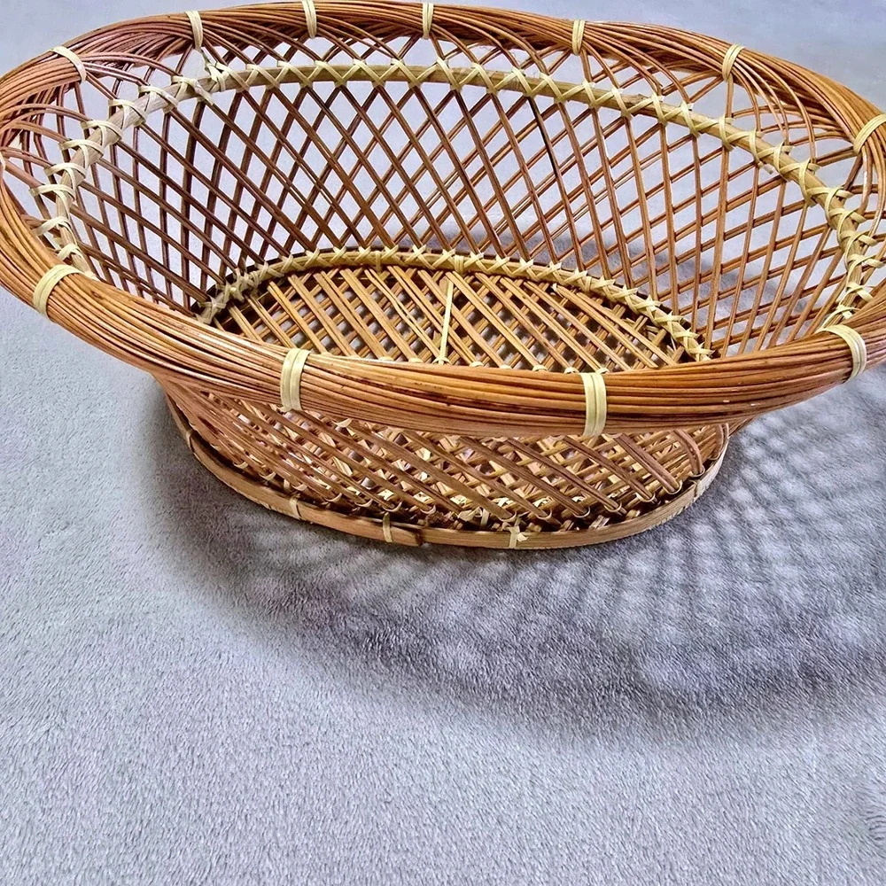 Vintage Oval Wicker Rattan Basket Natural Brown Open Weave 12.5 in